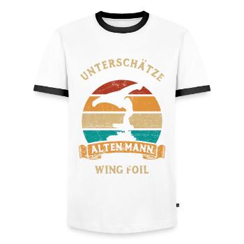 Unterschätze nie einen alten Mann mit Wing Foil - Männer Kontrast-T-Shirt - Weiß/Schwarz - Vorne - AI Model Female 172 light (172cm) & AI Model Male 178 dark (178cm)