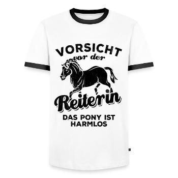 Vorsicht vor der Reiterin das Pony ist harmlos - Männer Kontrast-T-Shirt - Weiß/Schwarz - Vorne - AI Model Female 172 light (172cm) & AI Model Male 178 dark (178cm)