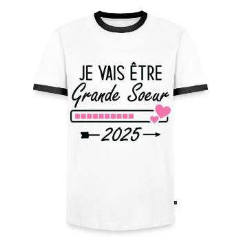 Je Vais Être Grande Sœur 2025 - T-shirt contrasté Homme - blanc/noir - Devant - AI Model Female 172 light (172cm) & AI Model Male 178 dark (178cm)
