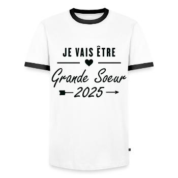 Je Vais Être Grande Sœur 2025 - T-shirt contrasté Homme - blanc/noir - Devant - AI Model Female 172 light (172cm) & AI Model Male 178 dark (178cm)