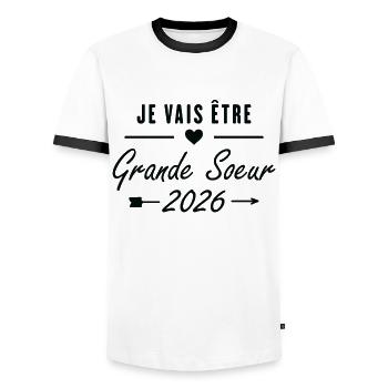 Je Vais être Grande Soeur 2026 - T-shirt contrasté Homme - blanc/noir - Devant - AI Model Female 172 light (172cm) & AI Model Male 178 dark (178cm)