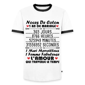 Noces De Coton 1 An De Mariage - T-shirt contrasté Homme - blanc/noir - Devant - AI Model Female 172 light (172cm) & AI Model Male 178 dark (178cm)