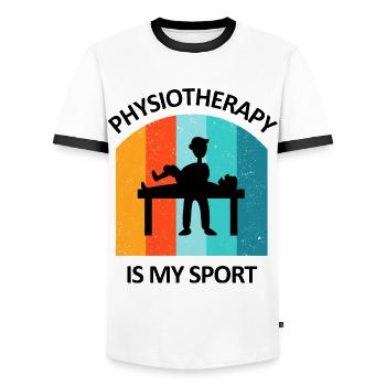 Physical Therapist Humorous Gift Saying Funny - Men's Ringer Shirt - white/black - Front - AI Model Female 172 light (172cm) & AI Model Male 178 dark (178cm)