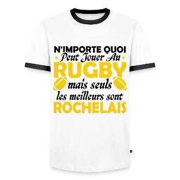Rugby La Rochelle supporter rochelais club rugby - T-shirt contrasté Homme - blanc/noir - Devant - AI Model Female 172 light (172cm) & AI Model Male 178 dark (178cm)