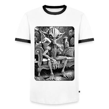 Comic-Shirt: Alien in entspannter Atmosphäre. - Männer Kontrast-T-Shirt - Weiß/Schwarz - Vorne - AI Model Female 172 light (172cm) & AI Model Male 178 dark (178cm)