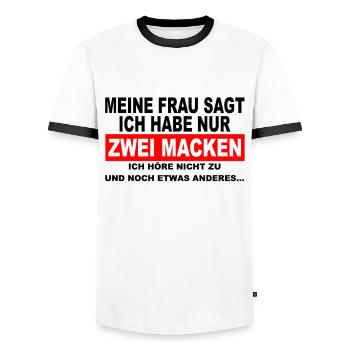 Meine Frau sagt ich habe nur zwei Macken - Männer - Männer Kontrast-T-Shirt - Weiß/Schwarz - Vorne - AI Model Female 172 light (172cm) & AI Model Male 178 dark (178cm)