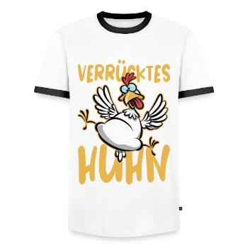 verrücktes Huhn, Hühnerfan, lustiges Huhn Cartoon - Männer Kontrast-T-Shirt - Weiß/Schwarz - Vorne - AI Model Female 172 light (172cm) & AI Model Male 178 dark (178cm)