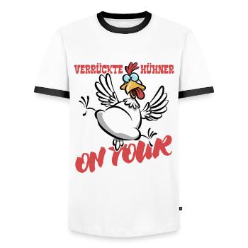 verrückte Hühner on Tour - JGA, Party, Spaß - Männer Kontrast-T-Shirt - Weiß/Schwarz - Vorne - AI Model Female 172 light (172cm) & AI Model Male 178 dark (178cm)