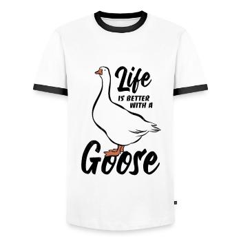 Life is better with a goose - Gänse Fan - Men's Ringer Shirt - white/black - Front - AI Model Female 172 light (172cm) & AI Model Male 178 dark (178cm)