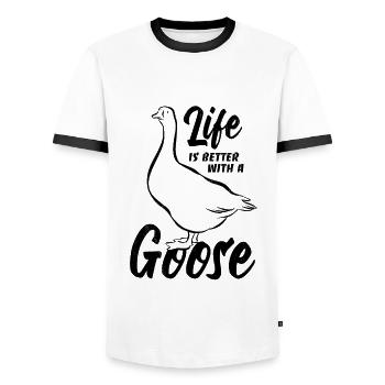 Life is better with a goose - Gänse Fan - Men's Ringer Shirt - white/black - Front - AI Model Female 172 light (172cm) & AI Model Male 178 dark (178cm)