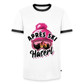 Ski - Apres Ski Haserl - Wintersport, Skiurlaub - Männer Kontrast-T-Shirt - Weiß/Schwarz - Vorne - AI Model Female 172 light (172cm) & AI Model Male 178 dark (178cm)