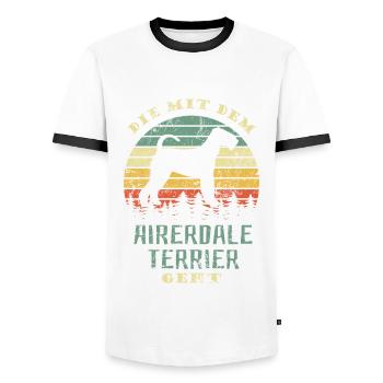 Die mit dem Airedale Terrier geht - Gassi gehen - Männer Kontrast-T-Shirt - Weiß/Schwarz - Vorne - AI Model Female 172 light (172cm) & AI Model Male 178 dark (178cm)