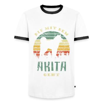 Die mit dem Akita geht - Gassi gehen - Männer Kontrast-T-Shirt - Weiß/Schwarz - Vorne - AI Model Female 172 light (172cm) & AI Model Male 178 dark (178cm)