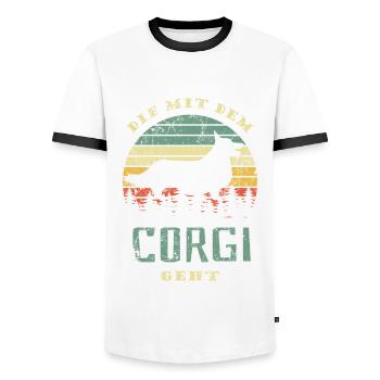 Die mit dem Corgi geht - Hunde Spruch - Männer Kontrast-T-Shirt - Weiß/Schwarz - Vorne - AI Model Female 172 light (172cm) & AI Model Male 178 dark (178cm)