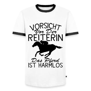 Vorsicht vor der reiterin das pferd ist harmlos - Männer Kontrast-T-Shirt - Weiß/Schwarz - Vorne - AI Model Female 172 light (172cm) & AI Model Male 178 dark (178cm)