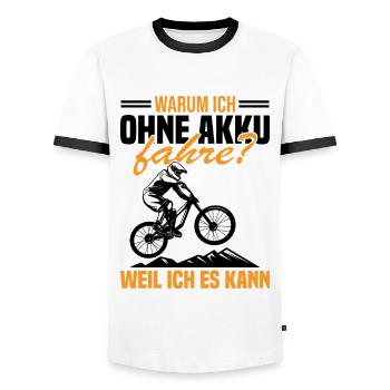 Warum ich ohne akku fahre weil ich es kann - Männer Kontrast-T-Shirt - Weiß/Schwarz - Vorne - AI Model Female 172 light (172cm) & AI Model Male 178 dark (178cm)