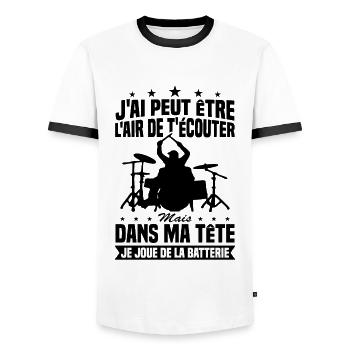 In my head I'm playing drums - Men's Ringer Shirt - white/black - Front - AI Model Female 172 light (172cm) & AI Model Male 178 dark (178cm)