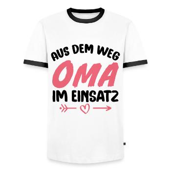 Out of the way grandma in action - Men's Ringer Shirt - white/black - Front - AI Model Female 172 light (172cm) & AI Model Male 178 dark (178cm)