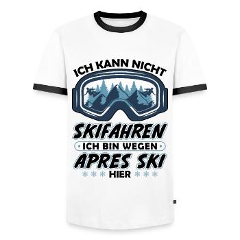 I can't ski I'm because of après-ski - Men's Ringer Shirt - white/black - Front - AI Model Female 172 light (172cm) & AI Model Male 178 dark (178cm)