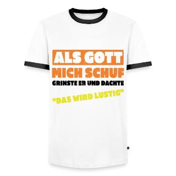 When God created me, I thought this was going to be funny - Men's Ringer Shirt - white/black - Front - AI Model Female 172 light (172cm) & AI Model Male 178 dark (178cm)