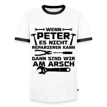 If Peter can't fix it - Men's Ringer Shirt - white/black - Front - AI Model Female 172 light (172cm) & AI Model Male 178 dark (178cm)