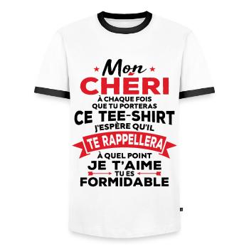Mon chéri je t aime tu es formidable - T-shirt contrasté Homme - blanc/noir - Devant - AI Model Female 172 light (172cm) & AI Model Male 178 dark (178cm)
