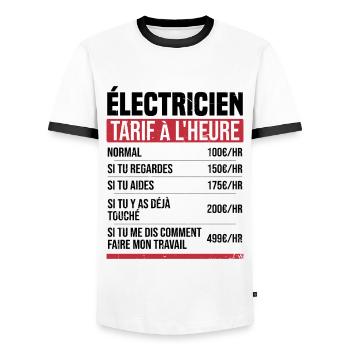 Électricien tarif à l'heure idée cadeau humour - T-shirt contrasté Homme - blanc/noir - Devant - AI Model Female 172 light (172cm) & AI Model Male 178 dark (178cm)