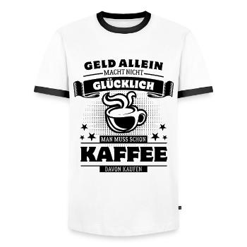 Geld allein macht nicht glücklich - aber Kaffee - Männer Kontrast-T-Shirt - Weiß/Schwarz - Vorne - AI Model Female 172 light (172cm) & AI Model Male 178 dark (178cm)