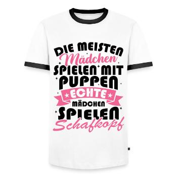 Real Girls Playing Sheep Head Sheep Heads - Men's Ringer Shirt - white/black - Front - AI Model Female 172 light (172cm) & AI Model Male 178 dark (178cm)