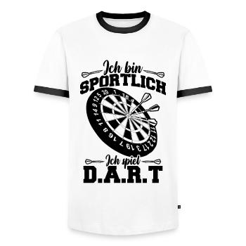 Ich bin sportlich Ich Spiel Darts - Männer Kontrast-T-Shirt - Weiß/Schwarz - Vorne - AI Model Female 172 light (172cm) & AI Model Male 178 dark (178cm)
