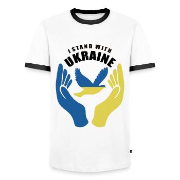 I Stand With Ukraine - Peace for Ukraine - Men's Ringer Shirt - white/black - Front - AI Model Female 172 light (172cm) & AI Model Male 178 dark (178cm)
