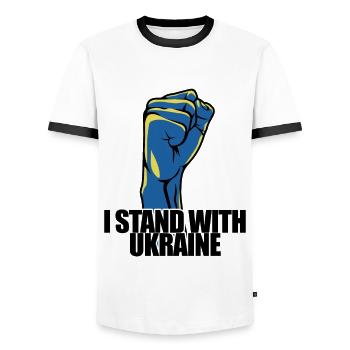 I stand with Ukraine - Peace for Ukraine - Men's Ringer Shirt - white/black - Front - AI Model Female 172 light (172cm) & AI Model Male 178 dark (178cm)