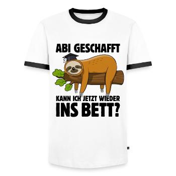 Faultier - Abitur geschafft wieder ins Bett? - Männer Kontrast-T-Shirt - Weiß/Schwarz - Vorne - AI Model Female 172 light (172cm) & AI Model Male 178 dark (178cm)