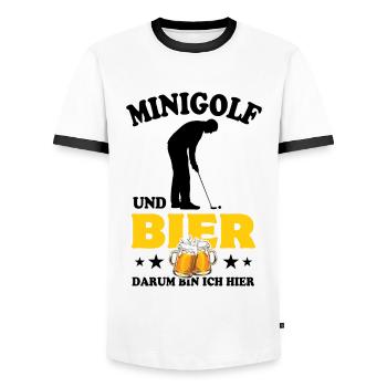 Minigolf und Bier - darum bin ich hier - Spruch - Männer Kontrast-T-Shirt - Weiß/Schwarz - Vorne - AI Model Female 172 light (172cm) & AI Model Male 178 dark (178cm)