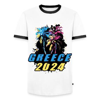 Grèce 2024 Vacances Palmiers Multicolores - T-shirt contrasté Homme - blanc/noir - Devant - AI Model Female 172 light (172cm) & AI Model Male 178 dark (178cm)