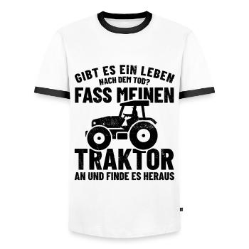 Ein Leben nach dem Tod? - Traktor anfassen - Männer Kontrast-T-Shirt - Weiß/Schwarz - Vorne - AI Model Female 172 light (172cm) & AI Model Male 178 dark (178cm)