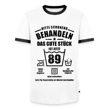 Schonend behandeln - 89. Geburtstag Geschenk - Männer Kontrast-T-Shirt - Weiß/Schwarz - Vorne - AI Model Female 172 light (172cm) & AI Model Male 178 dark (178cm)