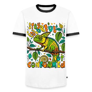 Unique Chameleon Shirt: Show Color - Men's Ringer Shirt - white/black - Front - AI Model Female 172 light (172cm) & AI Model Male 178 dark (178cm)