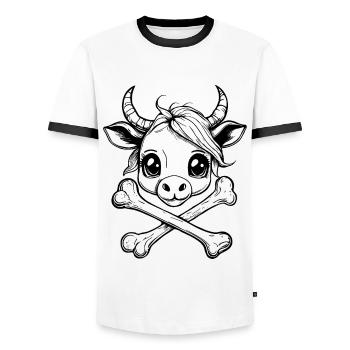 Cool Kids T-Shirt: Cartoon-Piraten-Stier - Männer Kontrast-T-Shirt - Weiß/Schwarz - Vorne - AI Model Female 172 light (172cm) & AI Model Male 178 dark (178cm)