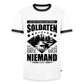 Leg dich nicht mit einem Soldaten an - Spruch - Männer Kontrast-T-Shirt - Weiß/Schwarz - Vorne - AI Model Female 172 light (172cm) & AI Model Male 178 dark (178cm)