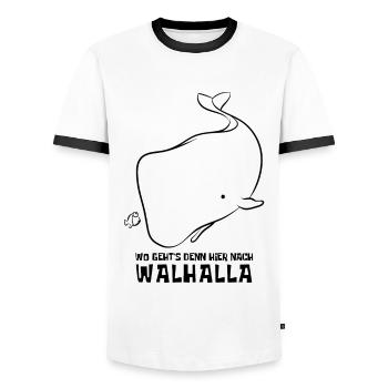 Wo geht's denn hier nach Walhalla - Wal - Spruch - Männer Kontrast-T-Shirt - Weiß/Schwarz - Vorne - AI Model Female 172 light (172cm) & AI Model Male 178 dark (178cm)