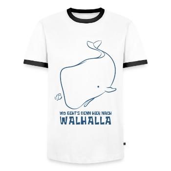 Wo geht's denn hier nach Walhalla - Wal - Spruch - Männer Kontrast-T-Shirt - Weiß/Schwarz - Vorne - AI Model Female 172 light (172cm) & AI Model Male 178 dark (178cm)