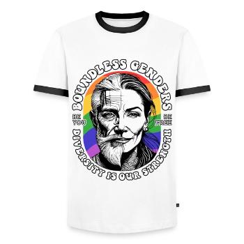 LGBTQIA+ Pride T-Shirt: Unity in Diversity - Men's Ringer Shirt - white/black - Front - AI Model Female 172 light (172cm) & AI Model Male 178 dark (178cm)