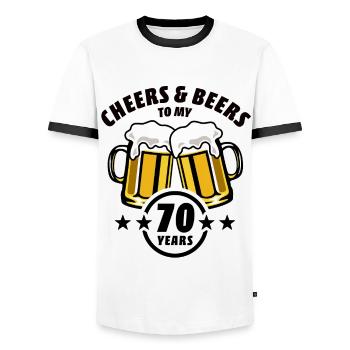 Cheers & Beers to my 70 years - 70th birthday - Men's Ringer Shirt - white/black - Front - AI Model Female 172 light (172cm) & AI Model Male 178 dark (178cm)