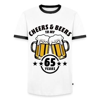 Cheers & Beers to my 65 years - 65th birthday - Men's Ringer Shirt - white/black - Front - AI Model Female 172 light (172cm) & AI Model Male 178 dark (178cm)