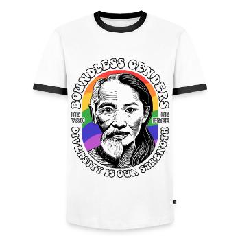 Stolz auf Vielfalt: Unser LGBTQIA+ Shirt - Männer Kontrast-T-Shirt - Weiß/Schwarz - Vorne - AI Model Female 172 light (172cm) & AI Model Male 178 dark (178cm)
