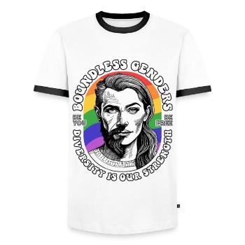 LGBTQ Shirt: Diversity is our strength - Men's Ringer Shirt - white/black - Front - AI Model Female 172 light (172cm) & AI Model Male 178 dark (178cm)