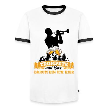 Trompete & Bier - darum bin ich hier - Männer Kontrast-T-Shirt - Weiß/Schwarz - Vorne - AI Model Female 172 light (172cm) & AI Model Male 178 dark (178cm)