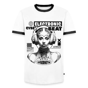 Futuristic Sci-Fi Electronic Music T-Shirt - Men's Ringer Shirt - white/black - Front - AI Model Female 172 light (172cm) & AI Model Male 178 dark (178cm)