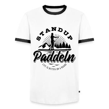 SUP Stand up paddeln - Life is better on a board - Männer Kontrast-T-Shirt - Weiß/Schwarz - Vorne - AI Model Female 172 light (172cm) & AI Model Male 178 dark (178cm)